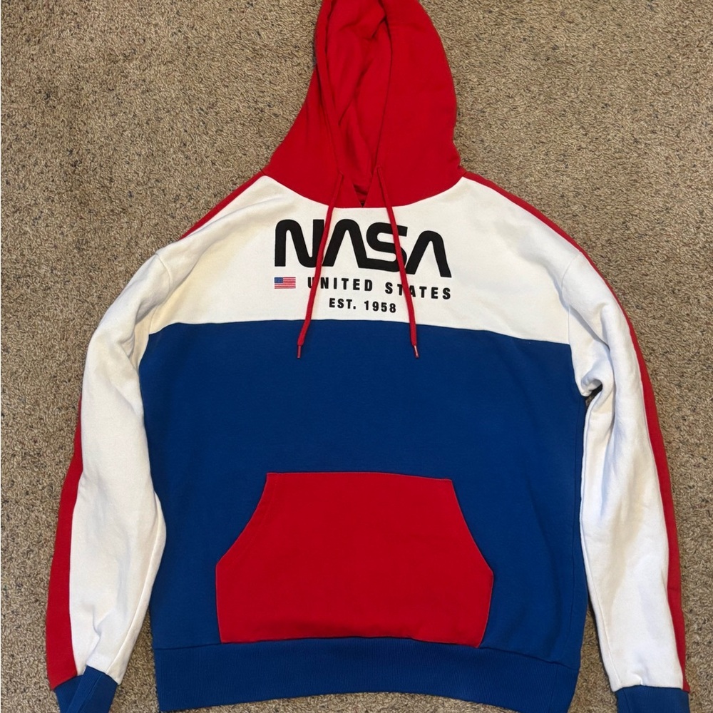VINTAGE NASA Hoodie Mens Large Blue White Red USA Space Astronaut Retro Pullover